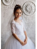 Elbow Sleeve White Lace Tulle Flower Girl Dress